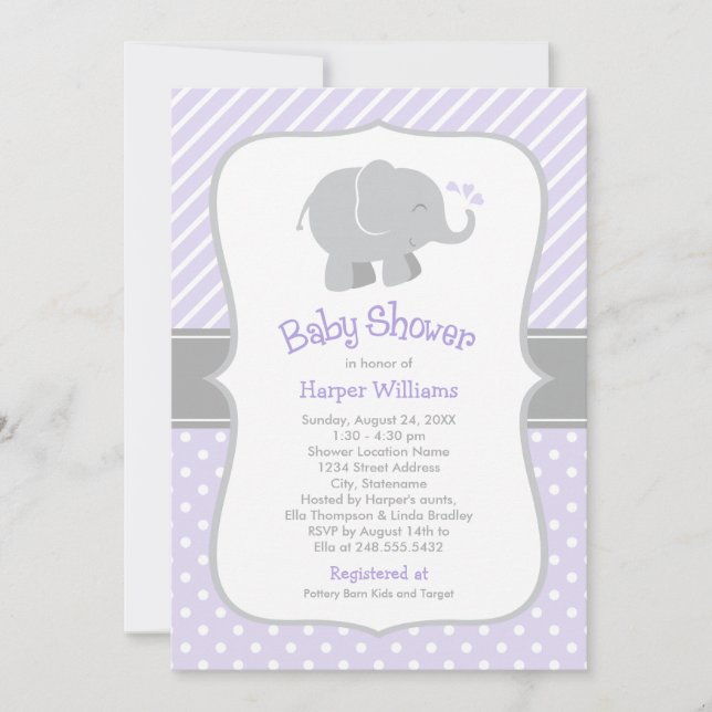 Convite Chá de Bebê Menina Elefante Roxo Moderno (Frente)