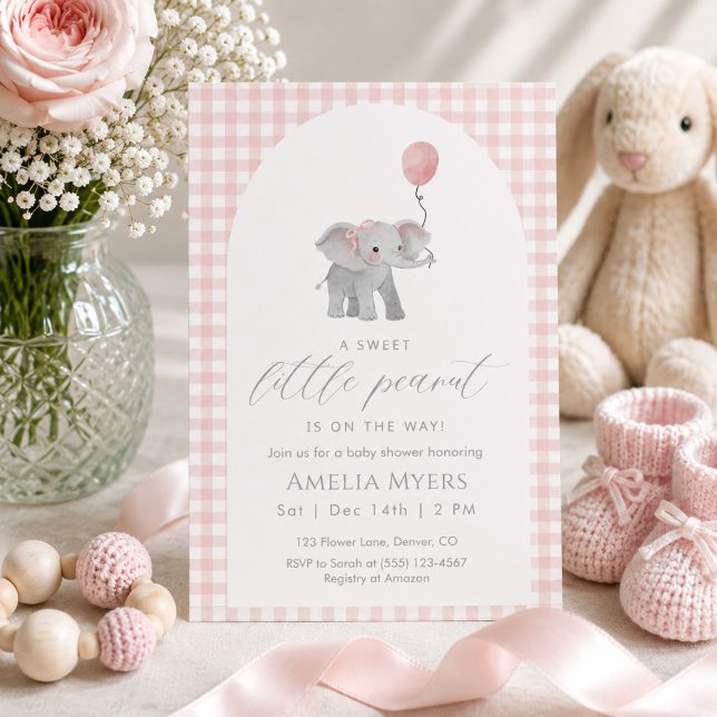 Convite Chá de Bebê Menina Elefante Xadrez Rosa (Criador carregado)