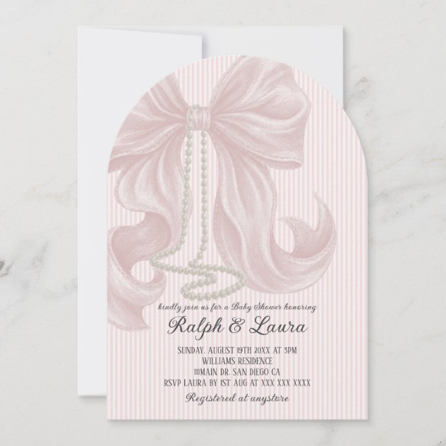 Convite Chá de Bebê Menina Elegante Pérola Bow (Frente)