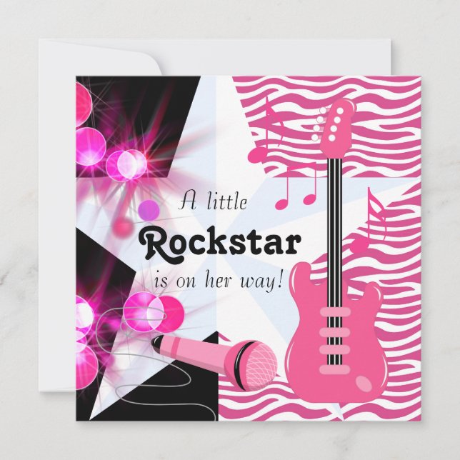 Convite Chá de Bebê Menina Estrela do Rock Zebra Rosa Inte (Frente)