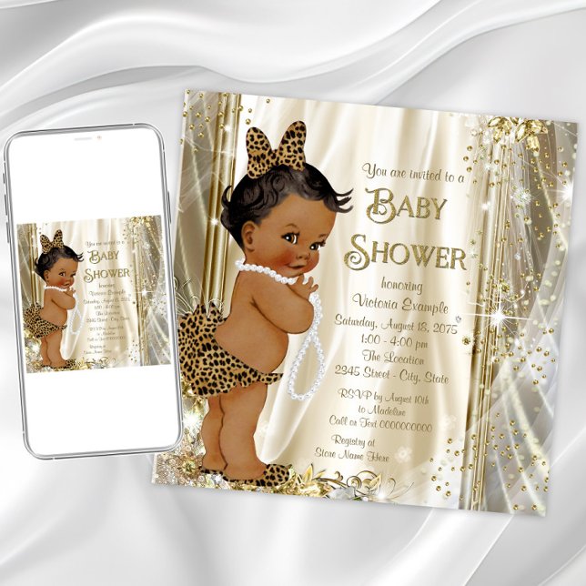 Convite Chá de Bebê Menina Étnica Fofa com Estampa de Leop (Cute leopard baby shower invitation. Instant download and printed invitations available.)