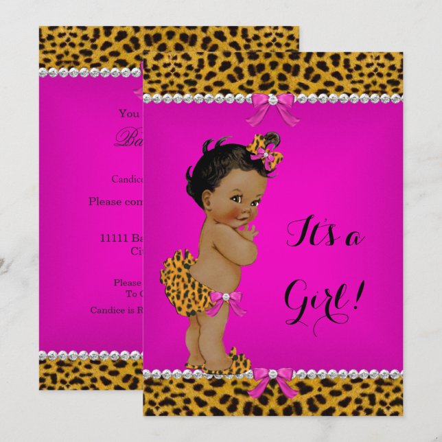 Convite Chá de Bebê Menina Étnica Leopardo Rosa (Frente/Verso)