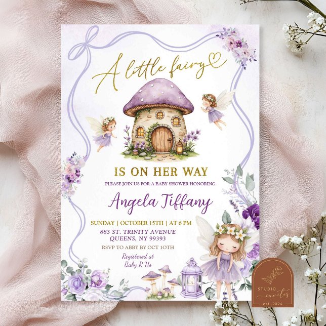Convite Chá de Bebê Menina Fada Floral com Laço Roxo (Criador carregado)