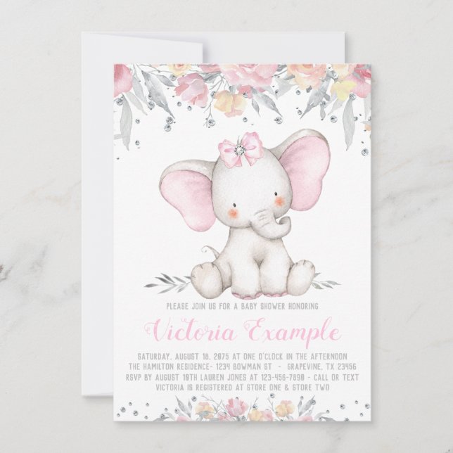 Convite Chá de Bebê Menina Flor de Diamante de Elefante (Frente)