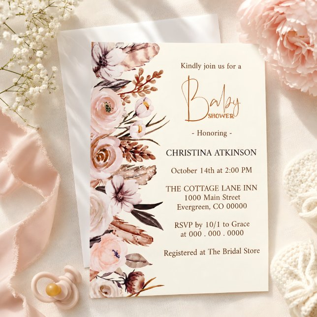 Convite Chá de Bebê Menina Flor Silvestre Boho Personaliza (Criador carregado)