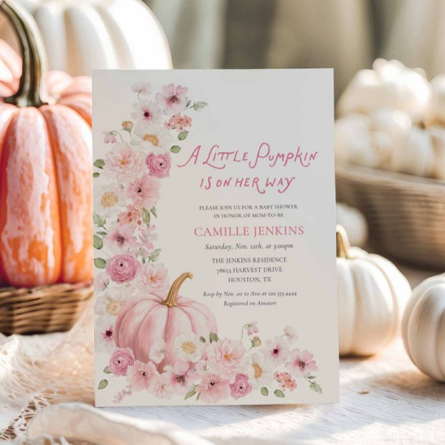 Convite Chá de Bebê Menina Floral Abóbora Rosa (Pink Pumpkin Fall baby shower invitation)
