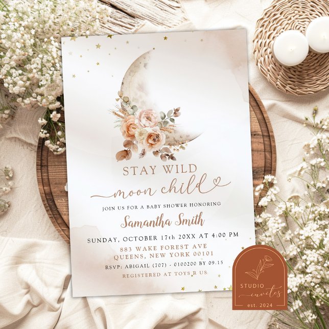 Convite Chá de Bebê Menina Floral Bege Boho Lua (Criador carregado)