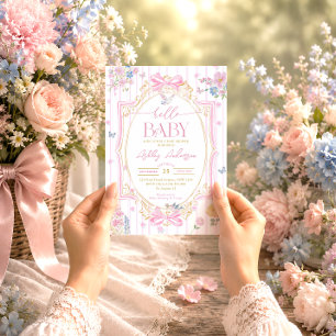 Convite Chá de Bebê Menina Floral Coquette Rosa Pastel