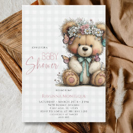 Convite Chá de Bebê Menina Floral Daisi Teddy Xadrez Búfal