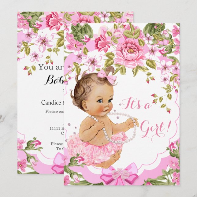 Convite Chá de Bebê Menina Floral Rosa Doce Tutu Morena (Frente/Verso)