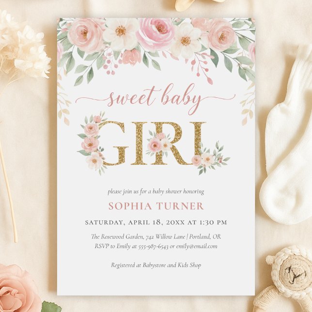 Convite Chá de Bebê Menina Floral Rosa Dourado (Blush Pink Gold Floral Girl Baby Shower Invitation)