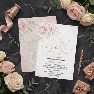 Convite Chá de bebê menina floral rosa e dourado boho