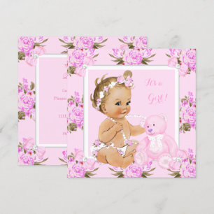 Convite Chá de Bebê Menina Floral Vintage Urso Rosa Loira