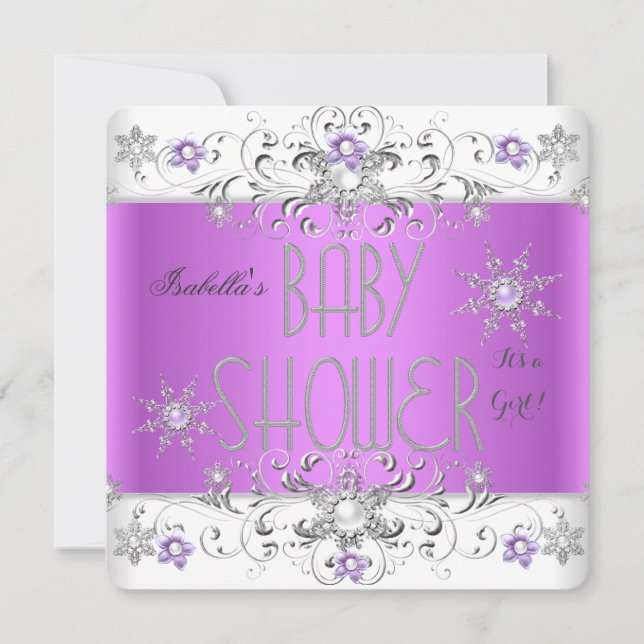 Convite Chá de Bebê Menina Floresta de Inverno Roxo Branco (Frente)