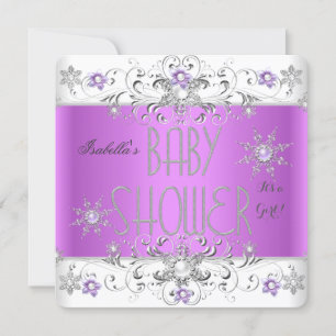 Convite Chá de Bebê Menina Floresta de Inverno Roxo Branco