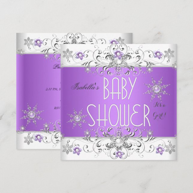Convite Chá de Bebê Menina Floresta de Inverno Roxo Branco (Frente/Verso)