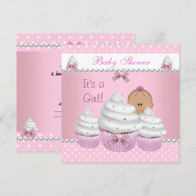 Convite Chá de Bebê Menina Fofa Cupcake Granulado Rosa (Frente/Verso)