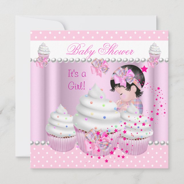 Convite Chá de Bebê Menina Fofa Cupcake Rosa Granulado (Frente)