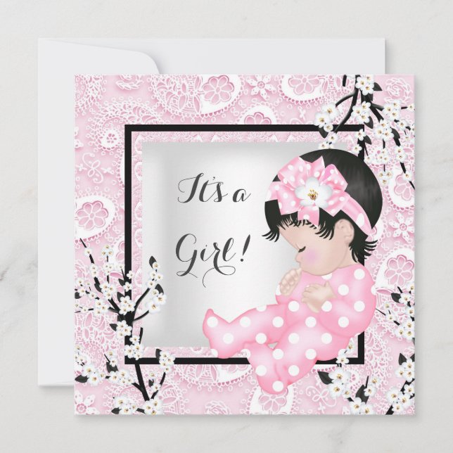 Convite Chá de Bebê Menina Fofa Rosa Flor de Renda C (Frente)