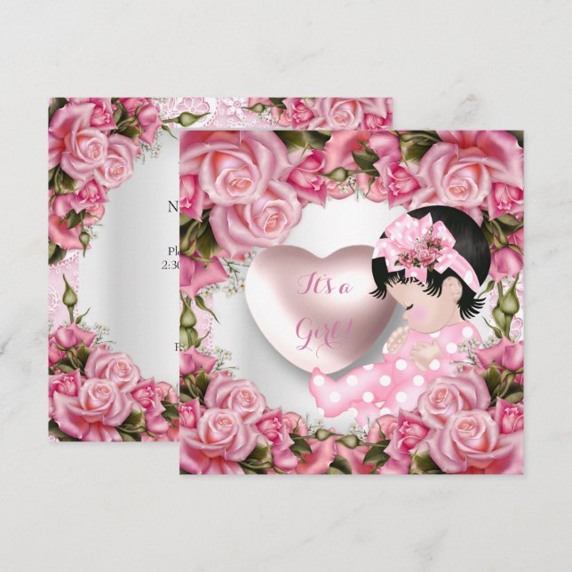 Convite Chá de Bebê Menina Fofa Rosas Rosa Bebê Menina 2 (Frente/Verso)