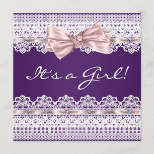 Convite Chá de Bebê Menina Laço Branco Fita Rosa Bebê Roxo