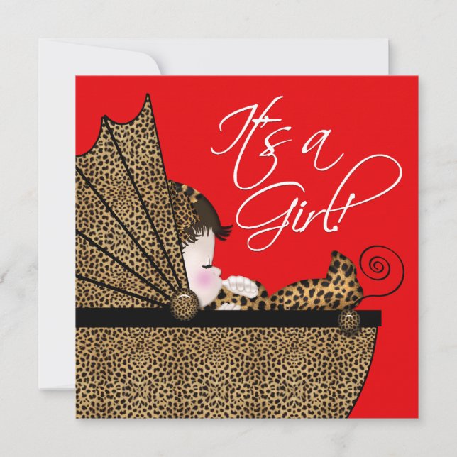 Convite Chá de Bebê Menina Leopardo Vermelho (Frente)