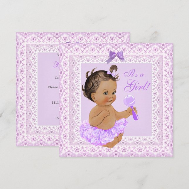 Convite Chá de Bebê Menina Lindo Renda Lavanda Morena (Frente/Verso)