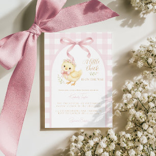 Convite Chá de Bebê Menina Little Chick Bow Rosa Xadrez