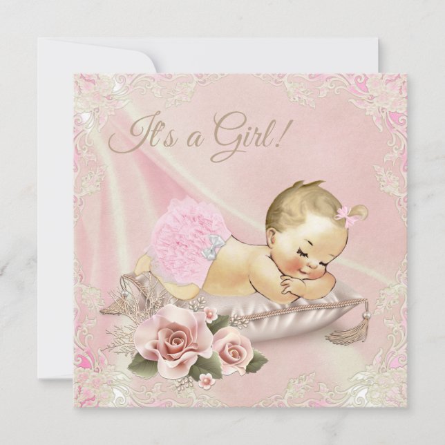 Convite Chá de Bebê Menina Loira Rosa Choque (Frente)