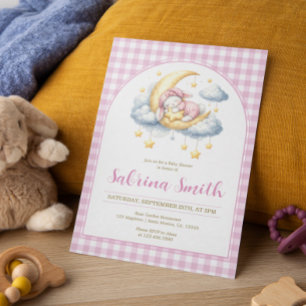 Convite Chá de Bebê Menina Lua Estrela Rosa Xadrez Menina 