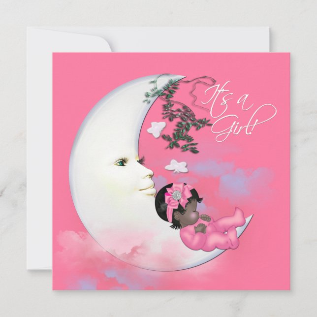 Convite Chá de Bebê Menina Lua Rosa Adorável (Frente)