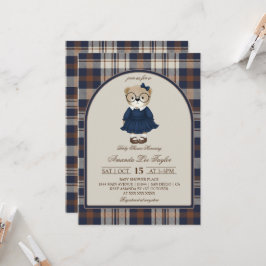 Convite Chá de Bebê Menina Luxo Xadrez Urso