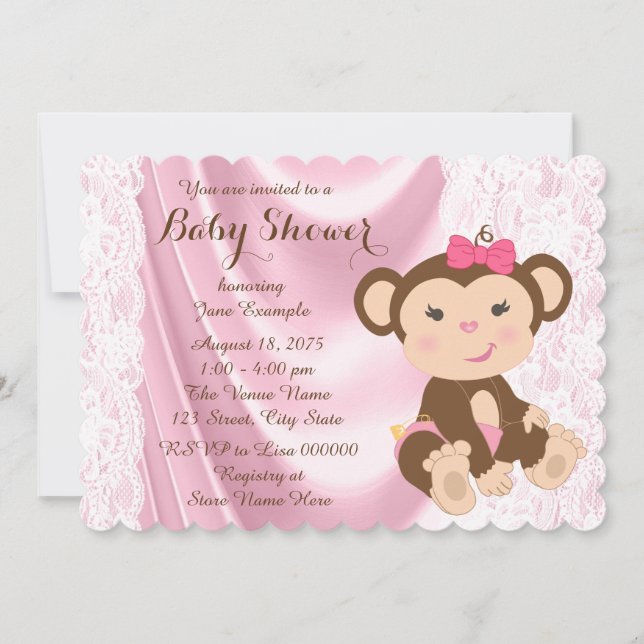 Convite Chá de Bebê Menina Macaco de Renda Rosa (Frente)