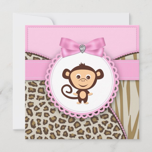Convite Chá de Bebê Menina Macaco Rosa Elegante (Frente)