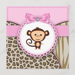 Convite Chá de Bebê Menina Macaco Rosa Elegante