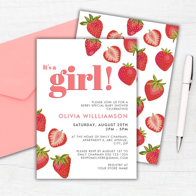 Convite Chá de Bebê Menina Morango (Strawberry baby shower invitation. Customize with your own details.)