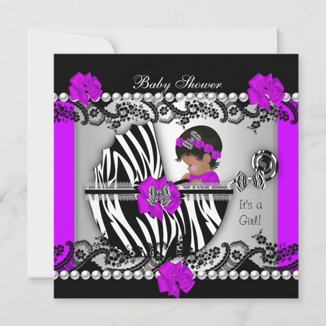 Convite Chá de Bebê Menina Negra Zebrada (Frente)