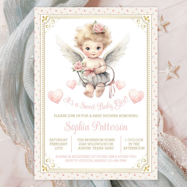 Convite Chá de Bebê Menina no Dia dos Namorados Querubim C (Cute sweetheart angel baby shower invitation. Instant download and printed invitations available.)