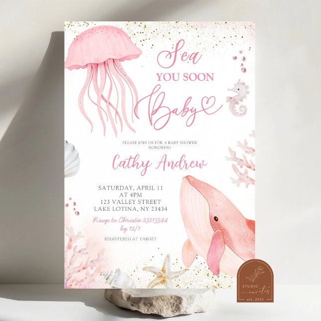Convite Chá de Bebê Menina Oceano Rosa Te Vejo Em Breve (Criador carregado)