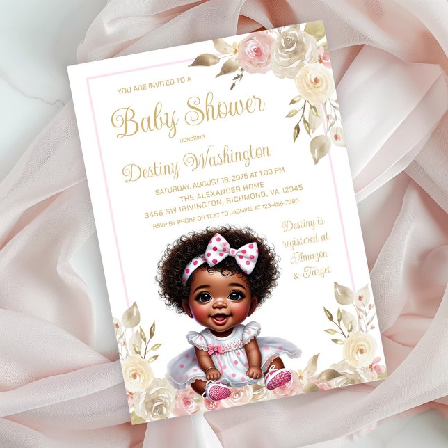 Convite Chá de Bebê Menina Ouro Rosa para Bebê Afro-Americ (Sweet baby girl in pretty dress baby shower invitation. Simply add your event details.)