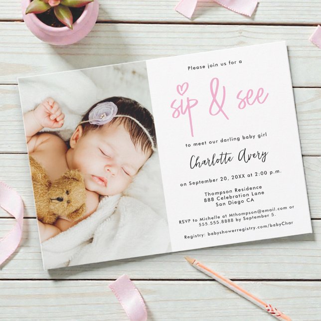 Convite Chá de Bebê Menina Personalizado com Foto e Sip an (Sip and see custom baby girl minimalist design with photo.)