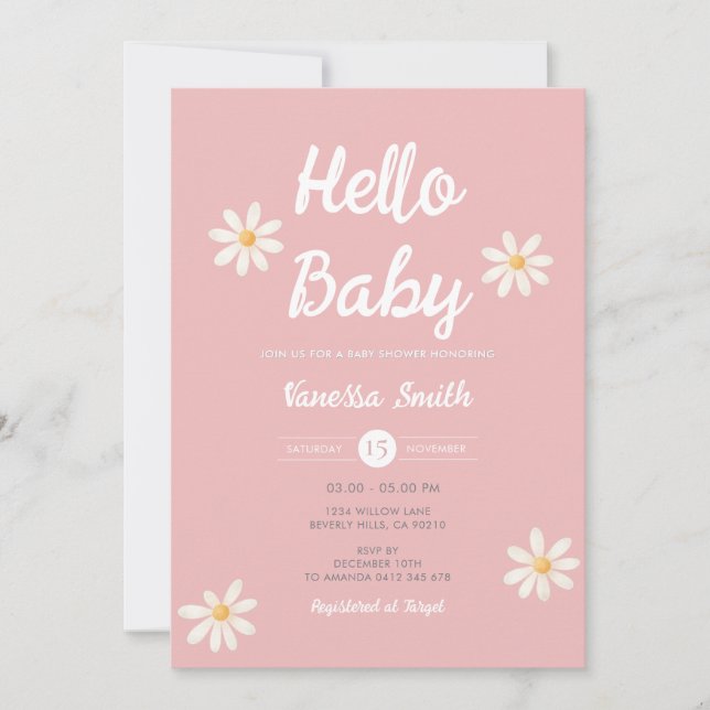Convite Chá de Bebê Menina Pink Daisy Hello (Frente)