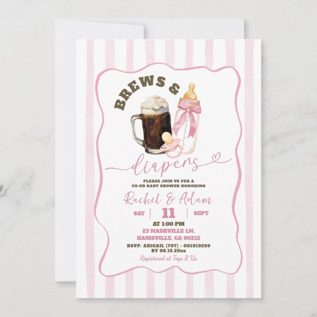 Convite Chá de Bebê Menina Pink Hand Drawn Brews & Diapers (Frente)