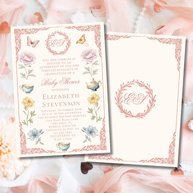 Convite Chá de Bebê Menina Pink Old Money Regency Party (Criador carregado)
