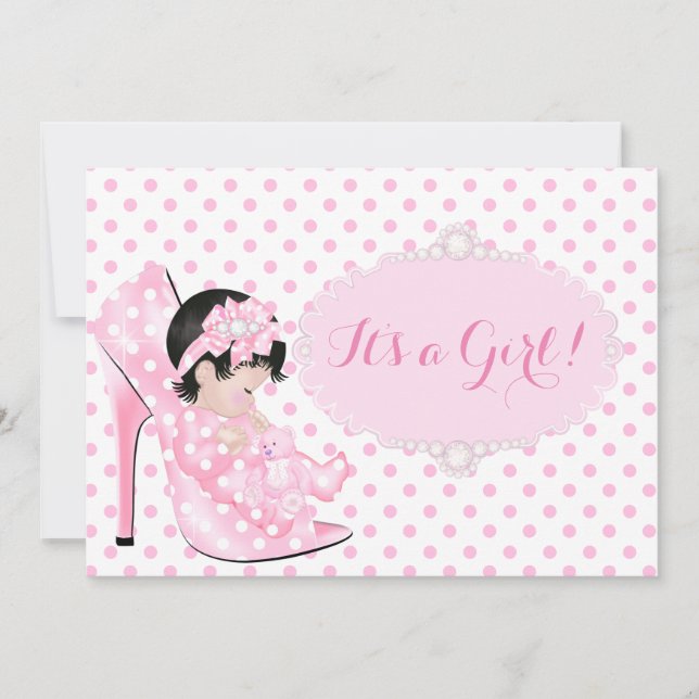 Convite Chá de Bebê Menina Pontos Polka Rosa Branco C (Frente)