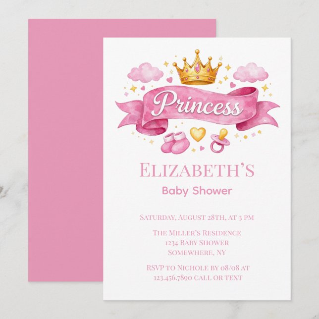 Convite Chá de Bebê Menina Princesa Aquarela Rosa (Frente/Verso)