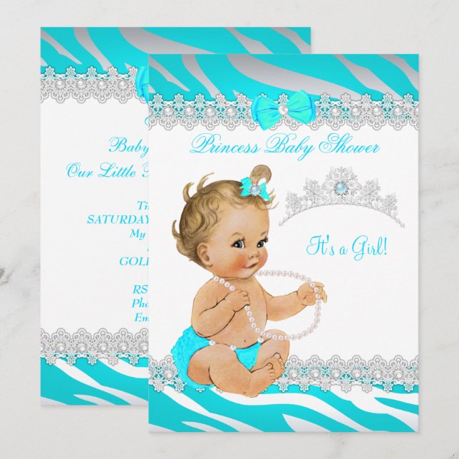 Convite Chá de Bebê Menina Princesa Azul Zebra Loira (Frente/Verso)