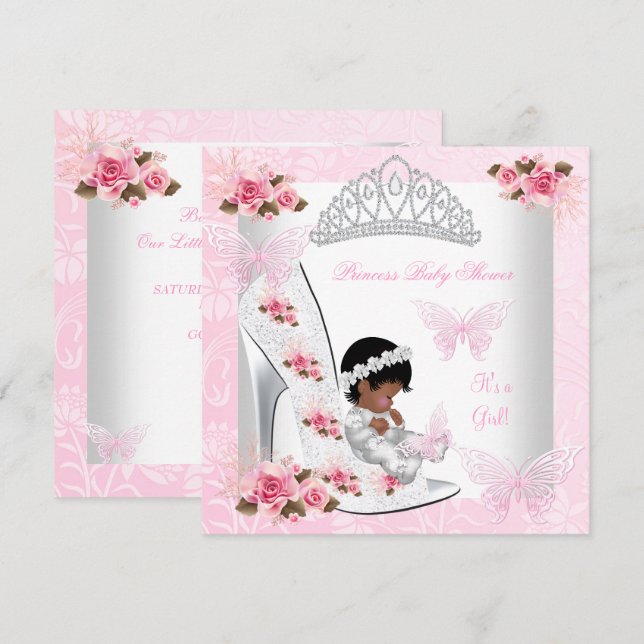 Convite Chá de Bebê Menina Princesa Borboleta Sapato Rosa  (Frente/Verso)