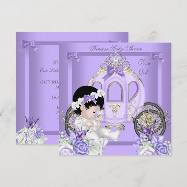 Convite Chá de Bebê Menina Princesa Carruagem Lavanda (Frente/Verso)