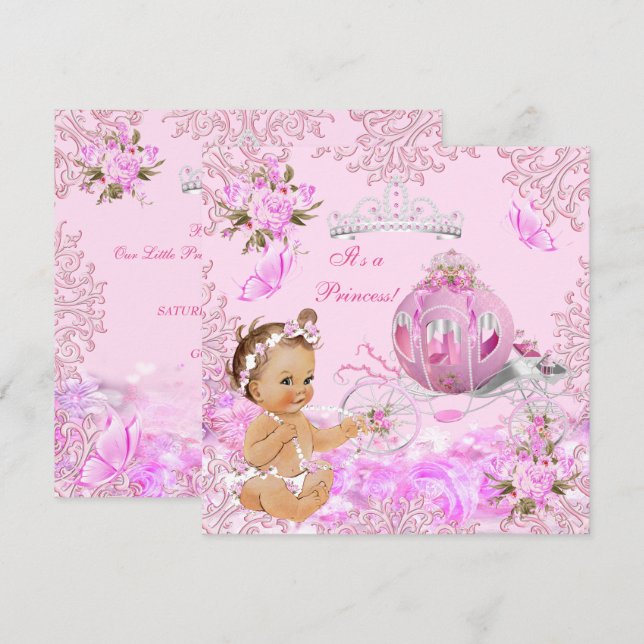 Convite Chá de Bebê Menina Princesa Carruagem Rosa (Frente/Verso)